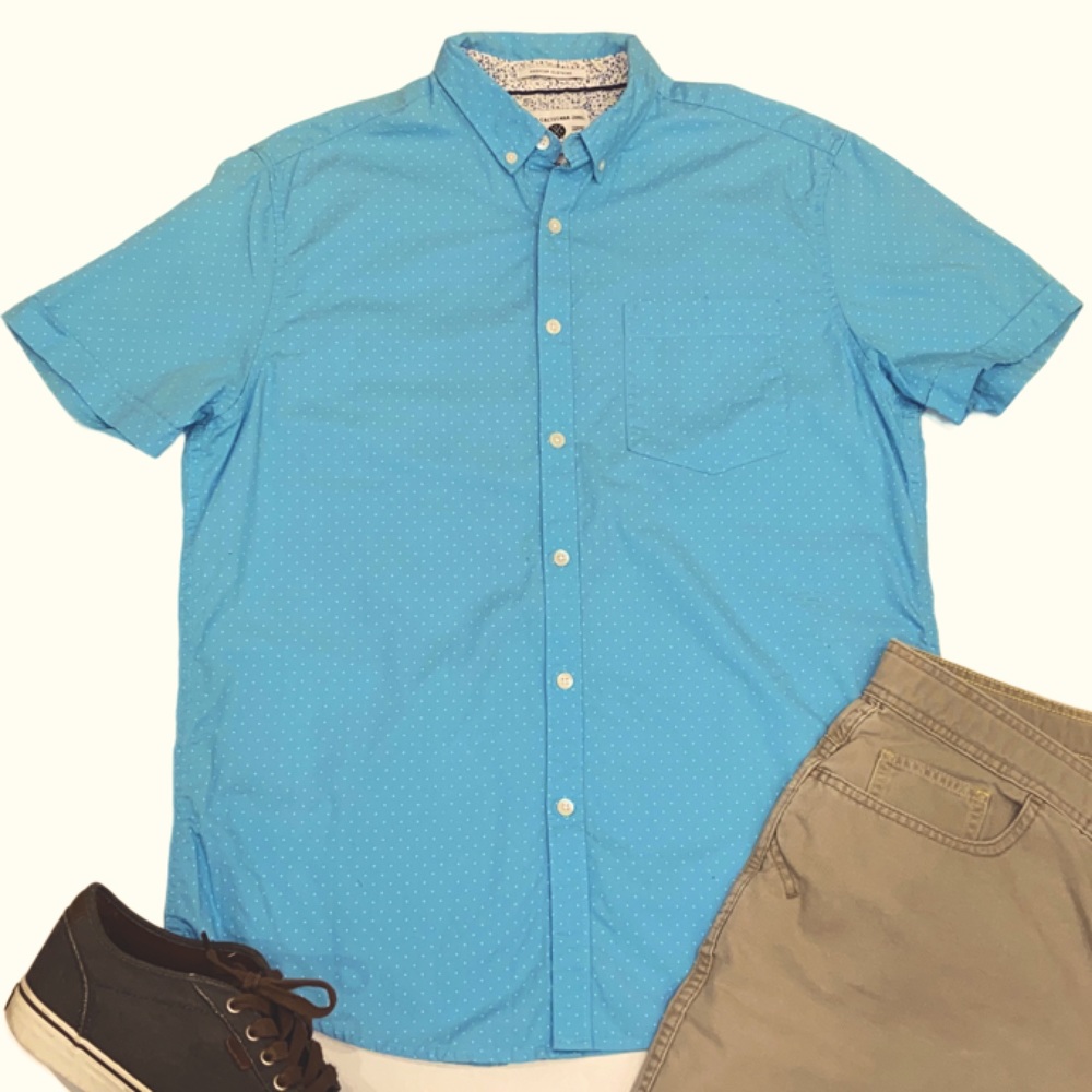 Cactus Man Slim Fit Button Short-Sleeve Button Down Shirt Aqua / White Dots sz L